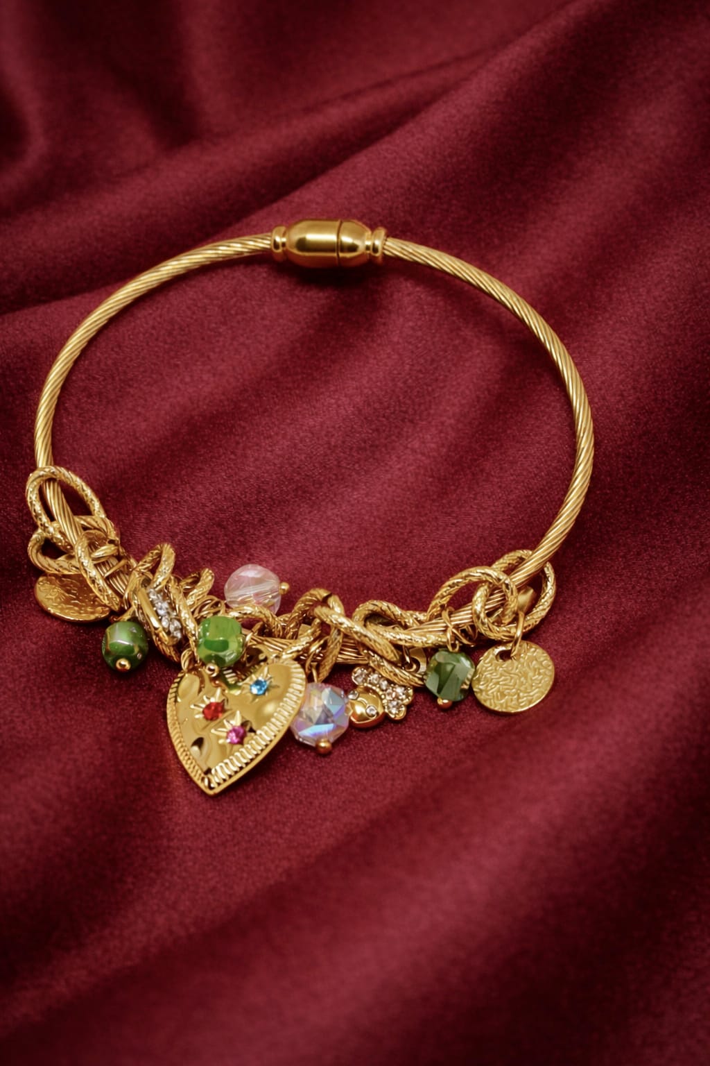 Golden Heart Charm Bracelet for Women | Crystal & Bead Charm Bangle | Elegant Designer Bracelet | Isha Elite