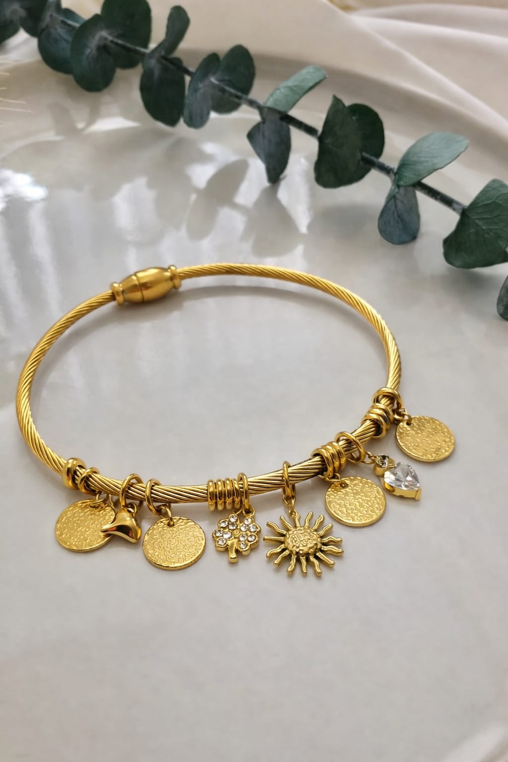 Celestial Charm Gold Bracelet for Women | Sun & Crystal Charm Bangle | Elegant Designer Jewelry | Isha Elite