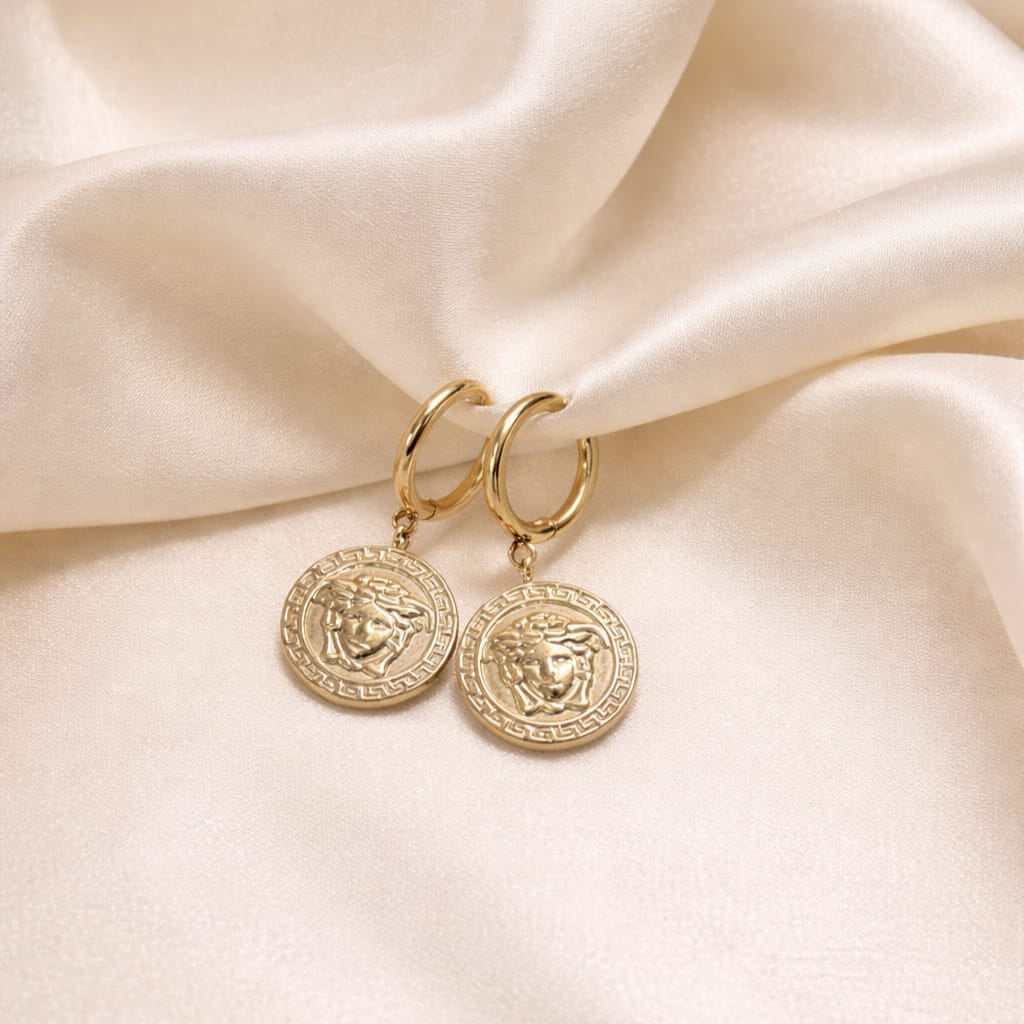 Gold Medusa Coin Drop Earrings for Women | Vintage Coin Designer Earrings | Isha Elite