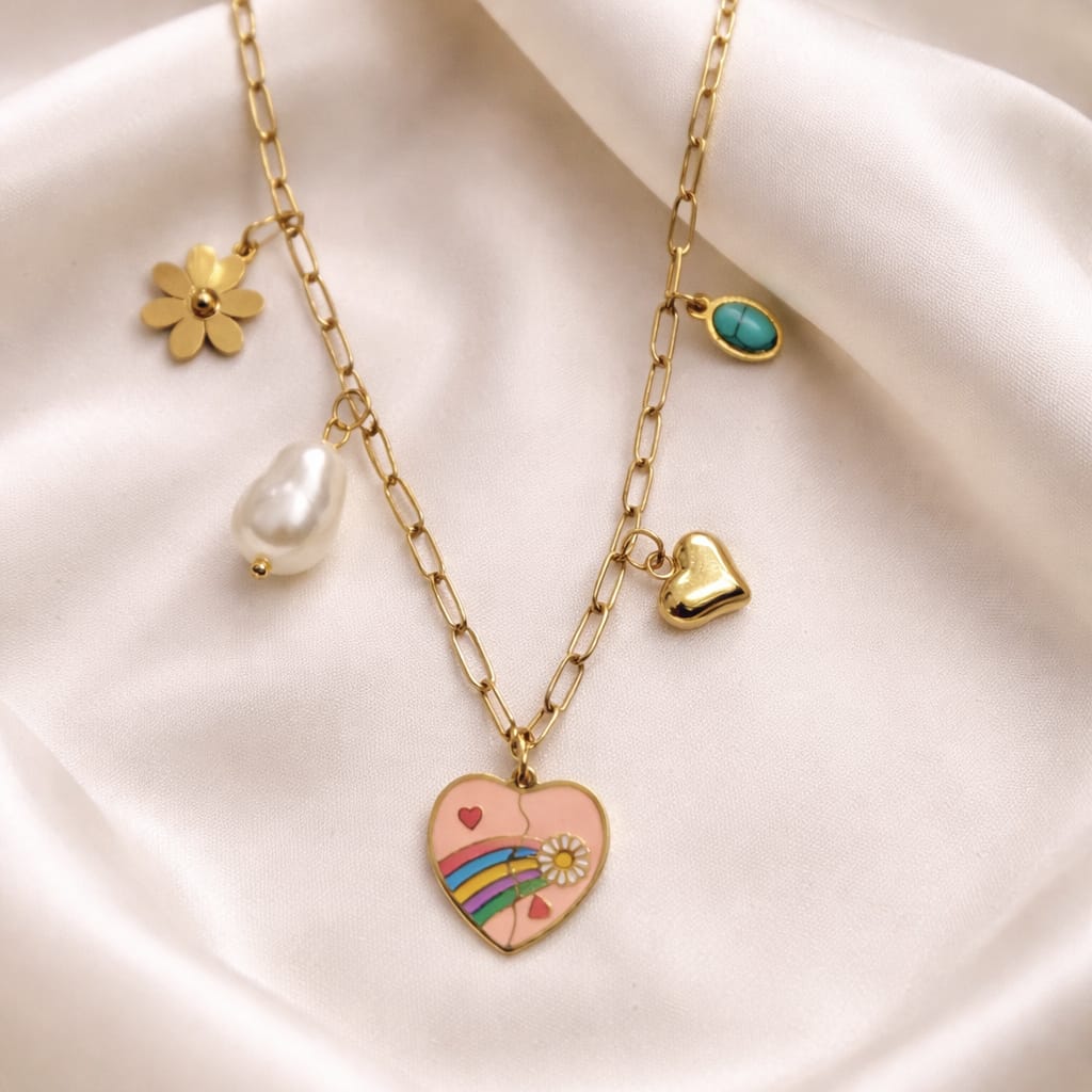 White Charm Heart Pendant Necklace for Women | Cute Multicharm Gold Necklace | Isha Elite