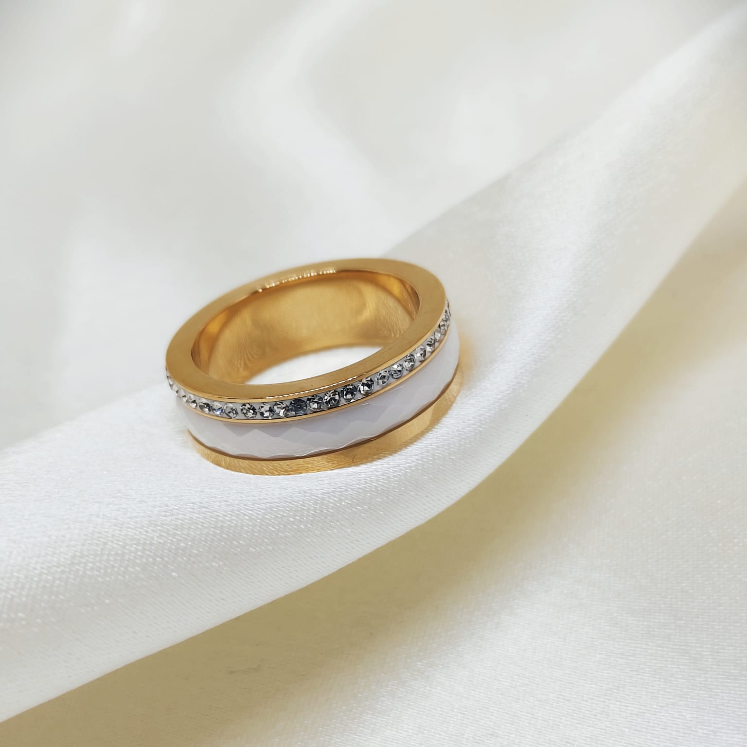 White Enamel Gold Crystal Ring for Women | Elegant Minimal Ring | Isha Elite