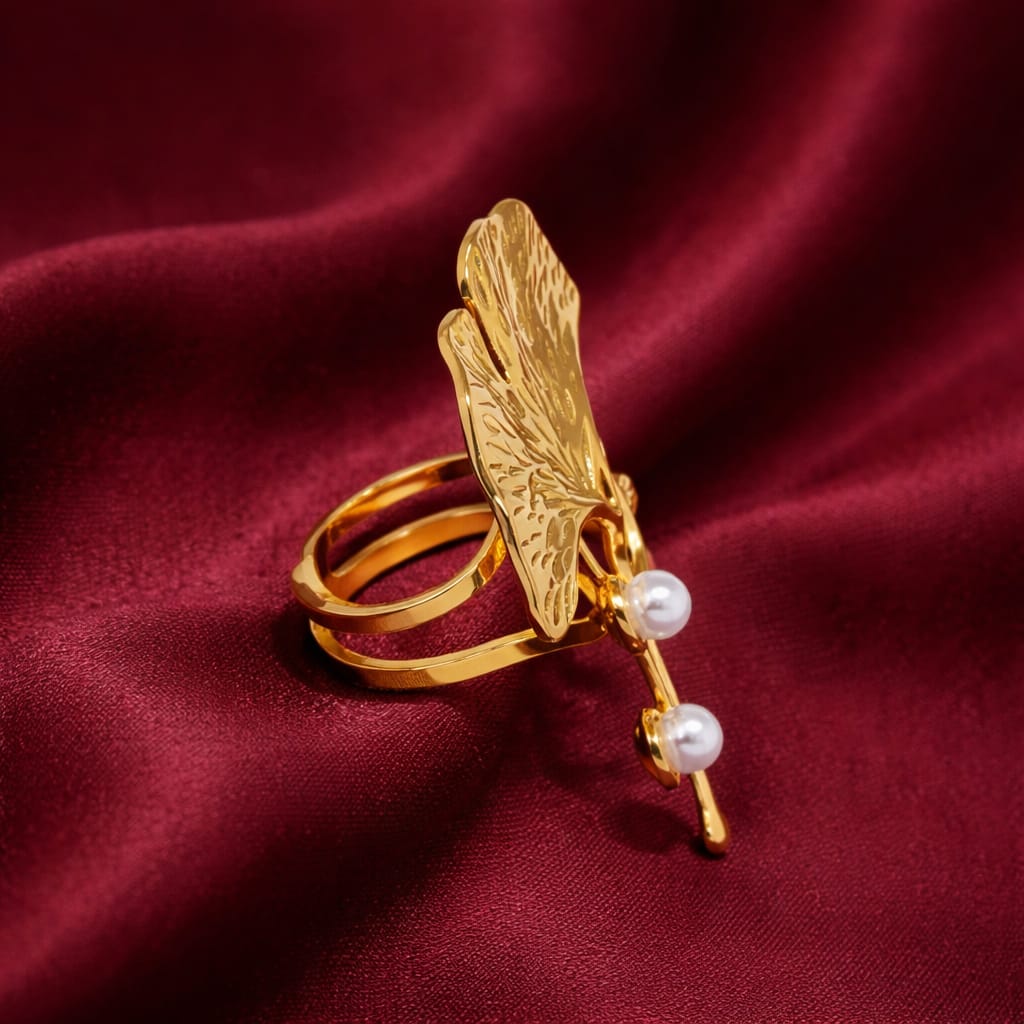 Elegant Leaf Pearl Adjustable Ring for Women | Statement Gold Ring | Isha Elite