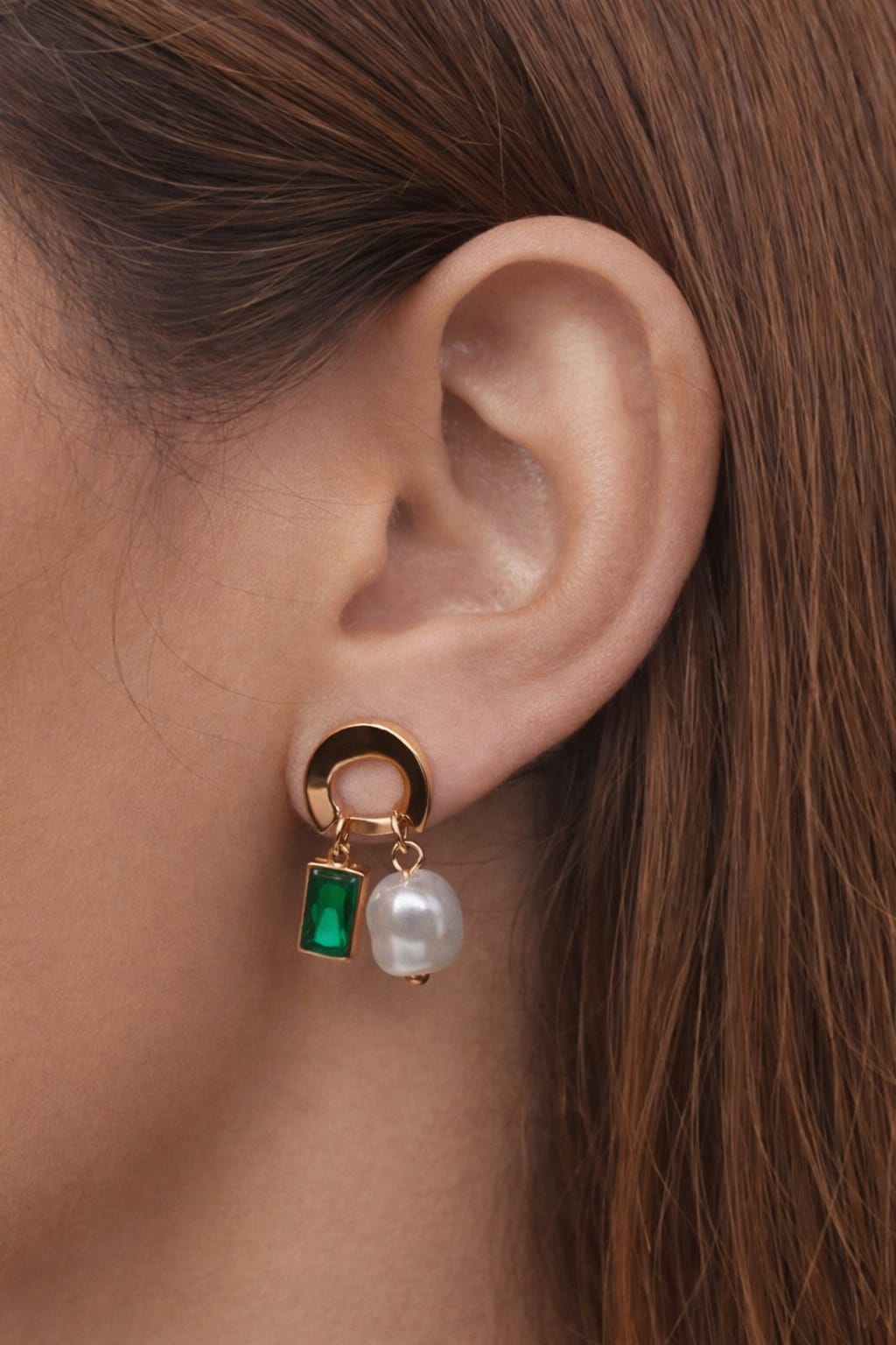 Green Stone & Pearl Drop Earrings | Elegant Gold Dangle Earrings | Isha Elite