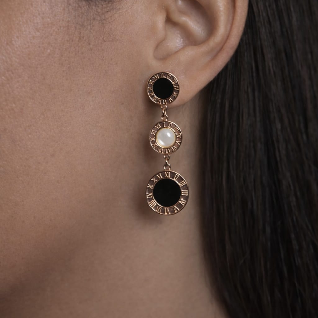 Roman Dial Pearl Drop Earrings | Black & Gold Elegant Earrings | Isha Elite