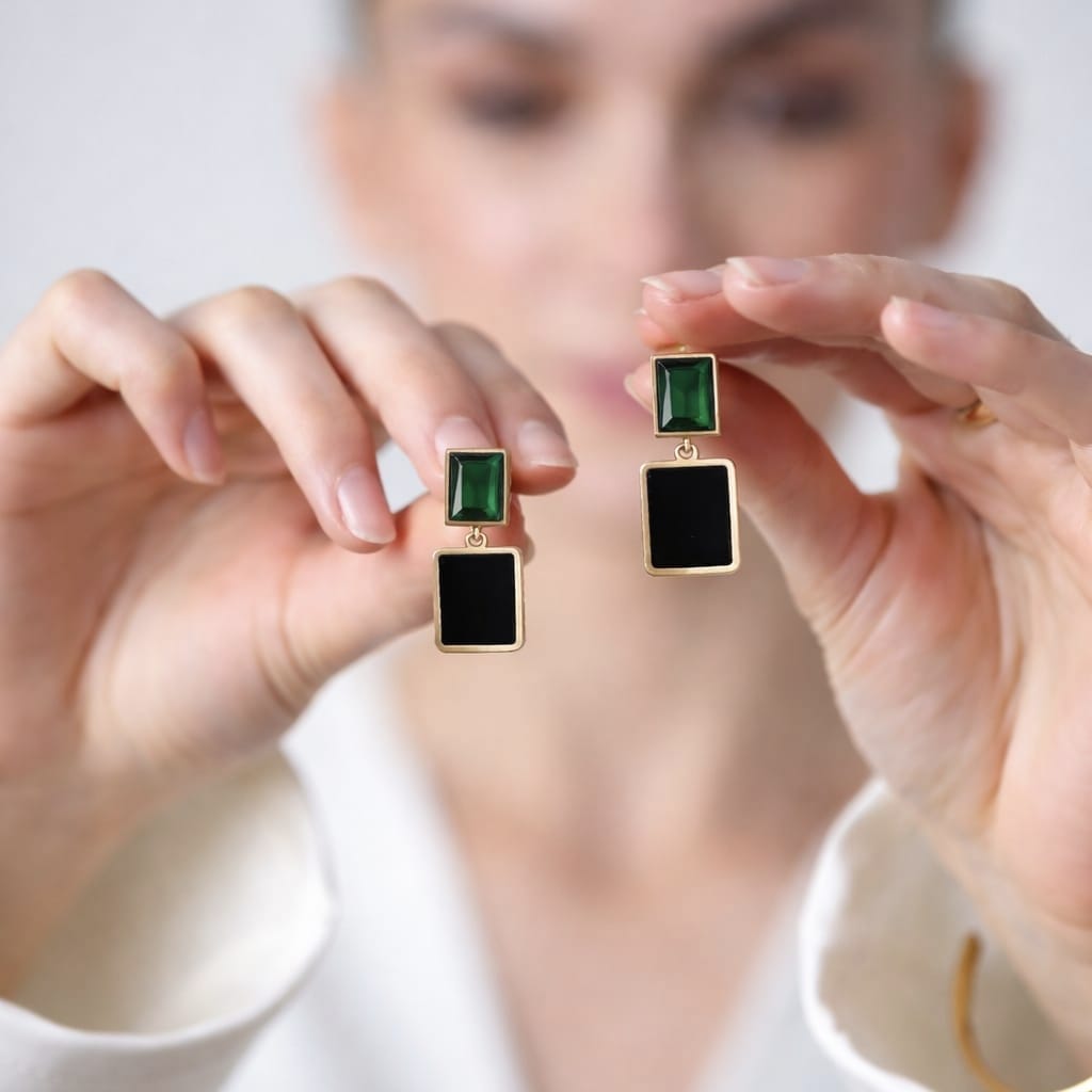 Emerald Green & Black Stone Drop Earrings | Elegant Geometric Earrings | Isha Elite