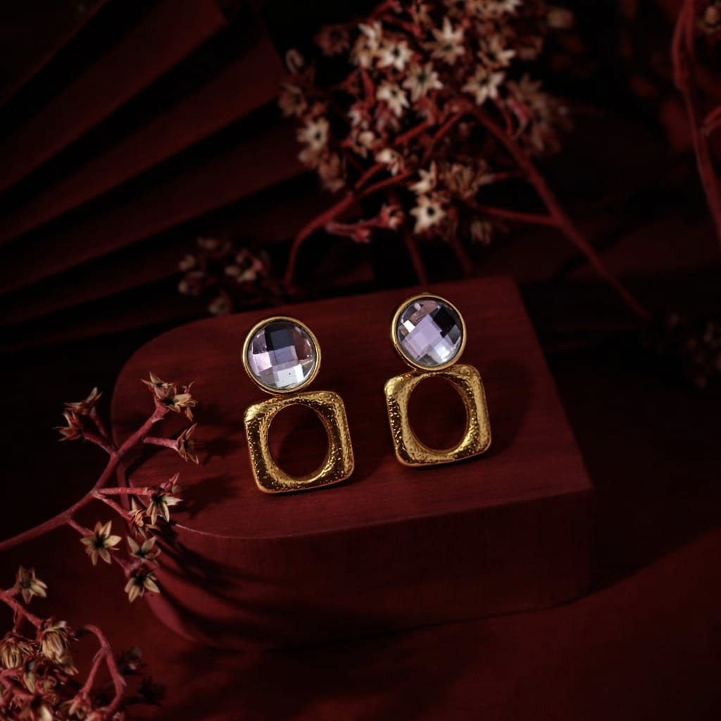 Geometric Crystal Drop Earrings | Gold Textured Statement Earrings | Isha Elite