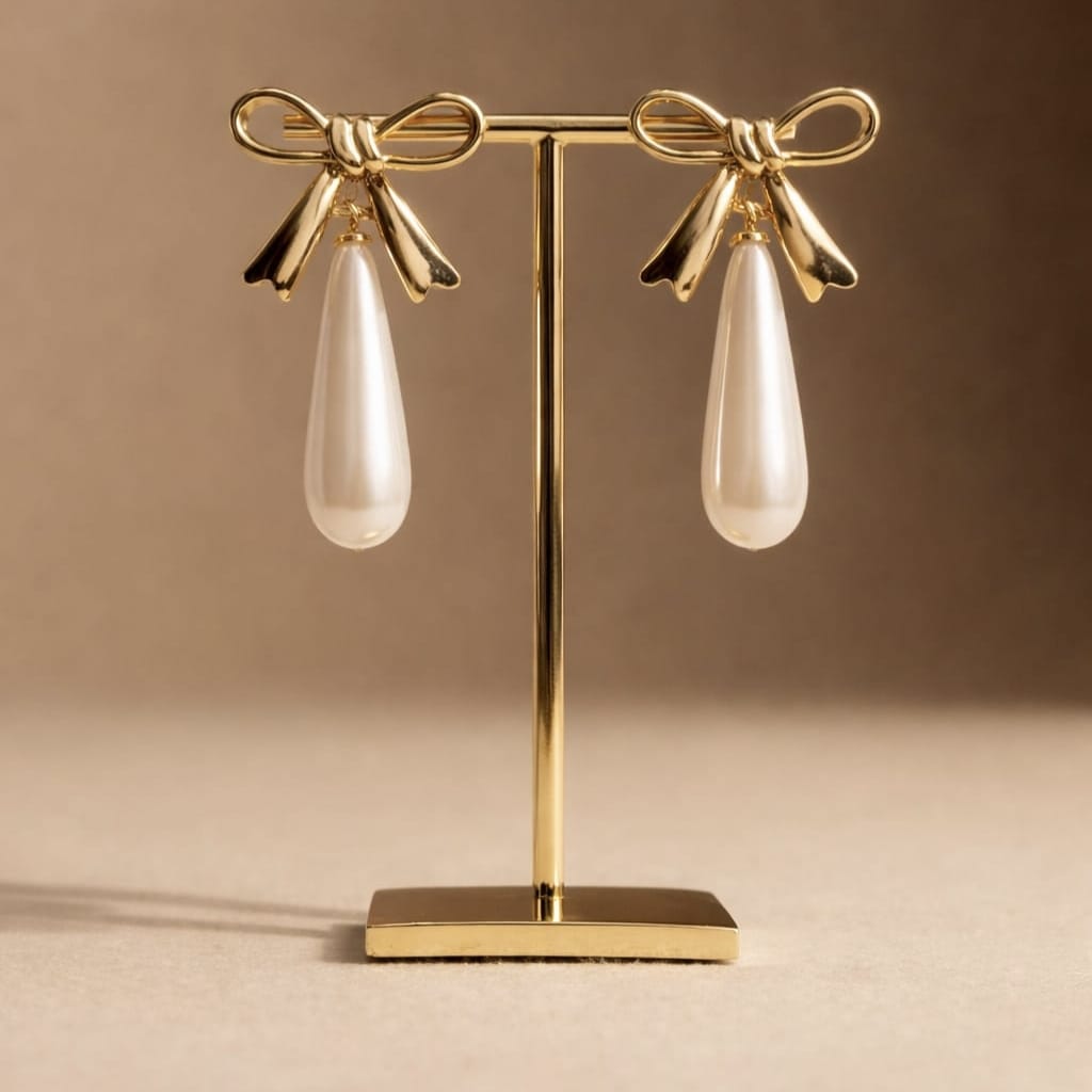 Elegant Pearl Bow Drop Earrings | Gold Chic Statement Earrings | Isha Elite
