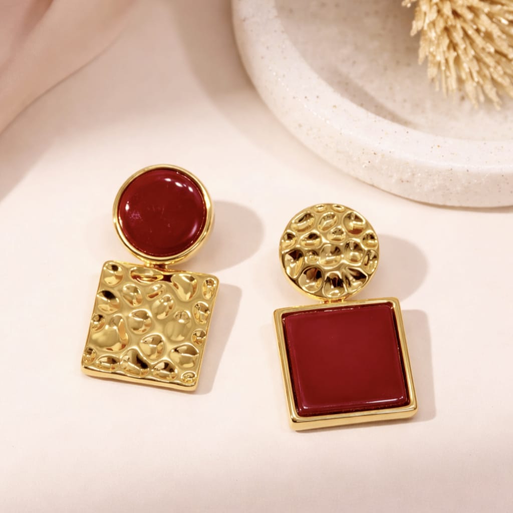 Dual Tone Geometric Statement Earrings | Black, Red & Pearl White | Isha Elite