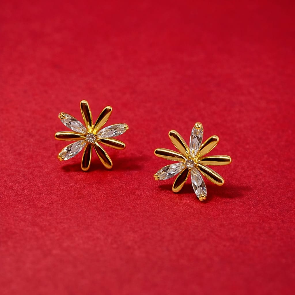 Gold Floral Stud Earrings with Crystal Stones for Women | Cute Daily Wear Earrings – Isha Elite
