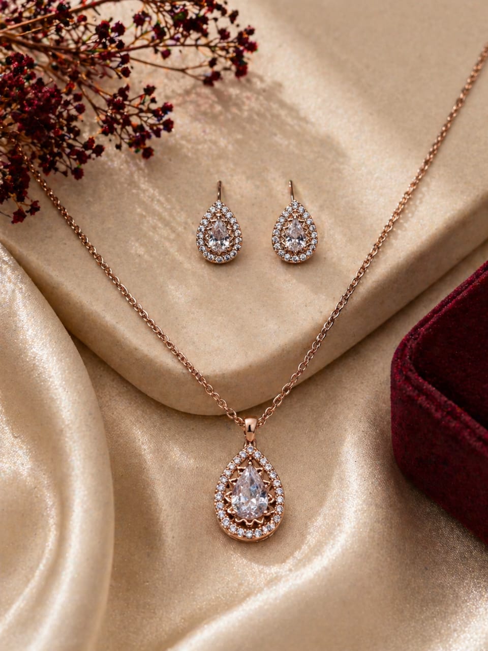Anti Tarnish Rose Gold Teardrop Zircon Pendant Set for Women