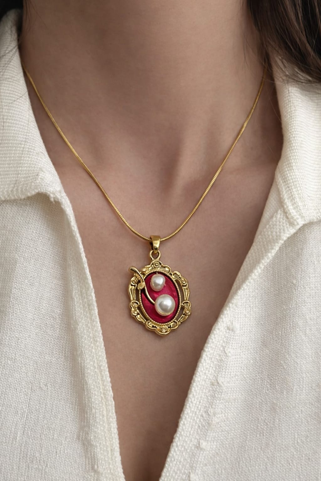 Vintage Pearl Charm Gold Pendant Necklace