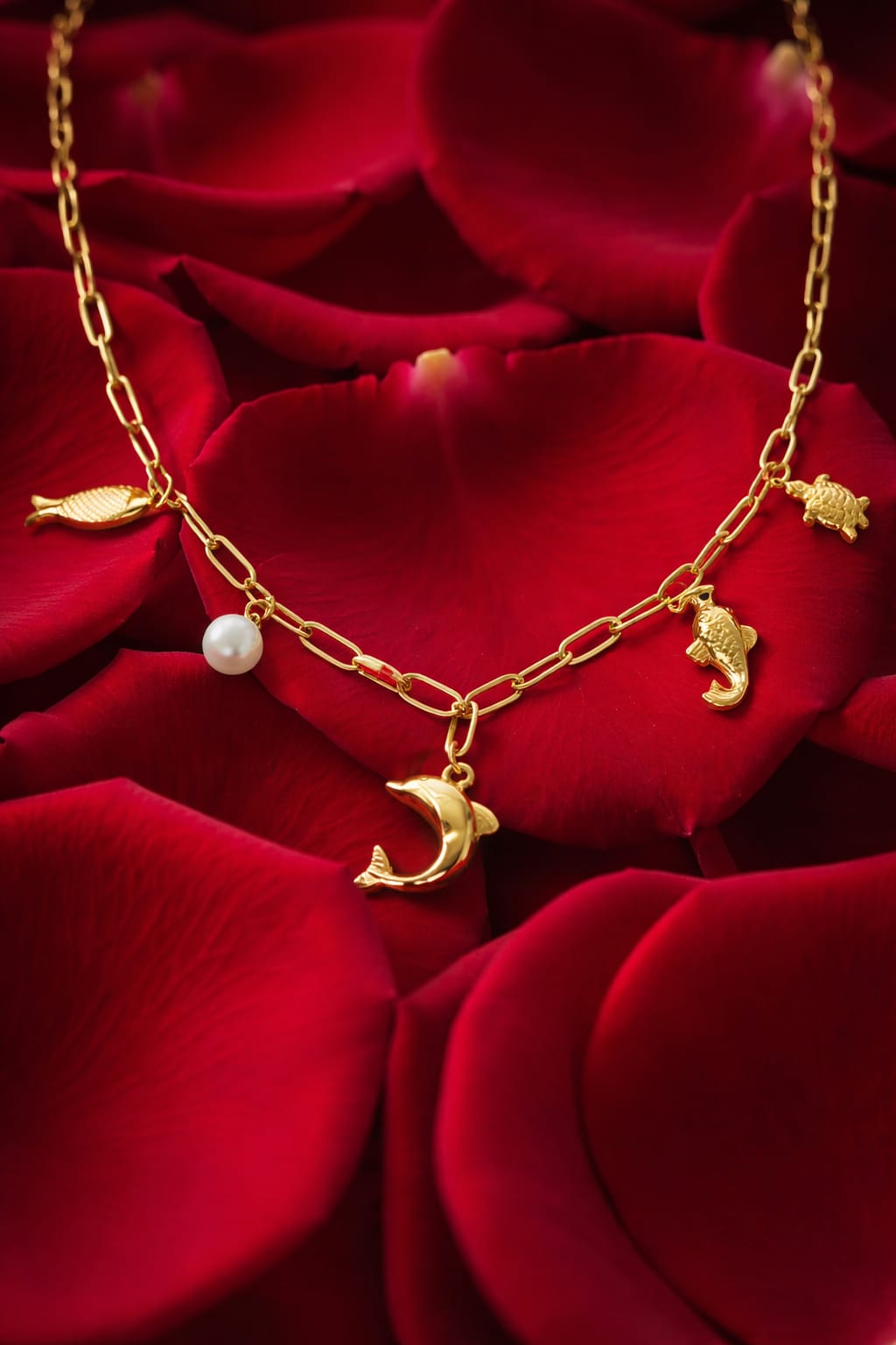 Golden Ocean Charm Necklace for Women | Dolphin & Pearl Charm Chain | Isha Elite