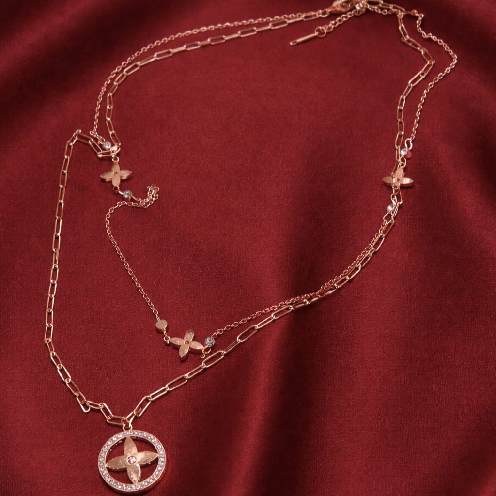 Floral Crystal Pendant Necklace for Women | Elegant Dual Chain Gold Necklace | Isha Elite