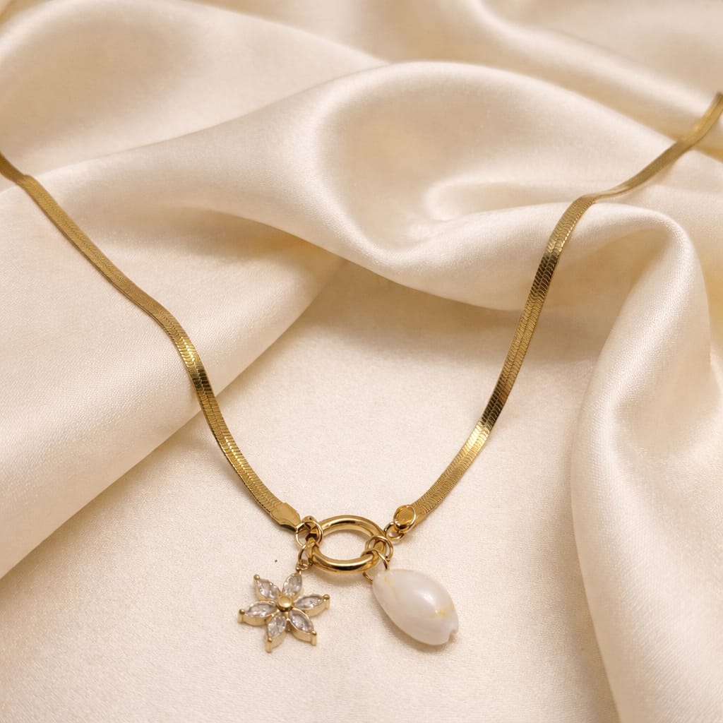 Crystal Flower Pearl Pendant Necklace for Women | Elegant Gold Charm Necklace | Isha Elite