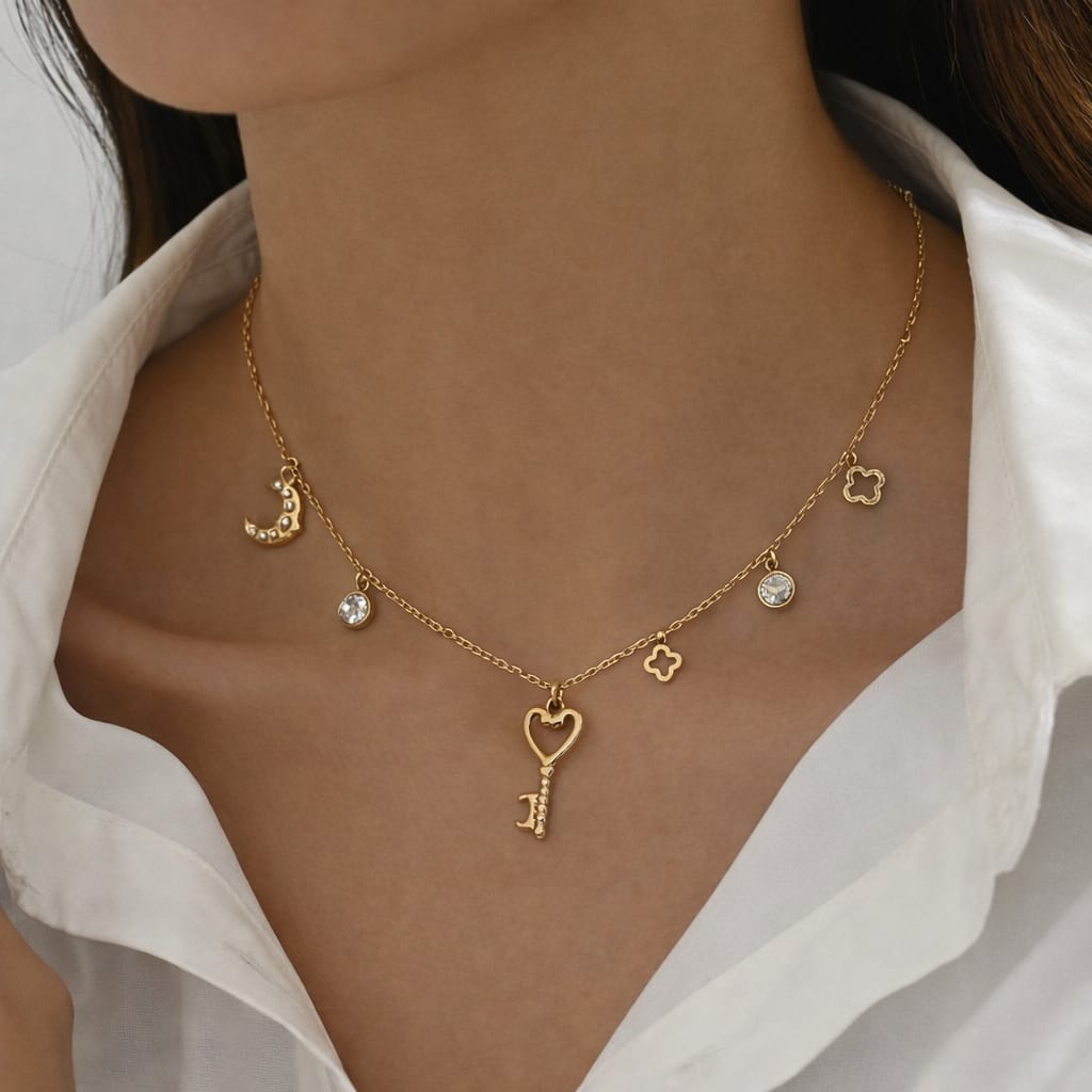 Golden Lucky Charm Necklace for Women | Key, Moon & Crystal Charm Chain | Isha Elite