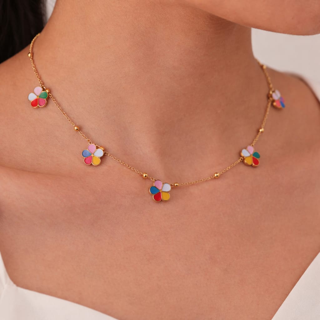Colorful Floral Charm Necklace for Women | Enamel Flower Gold Necklace | Isha Elite