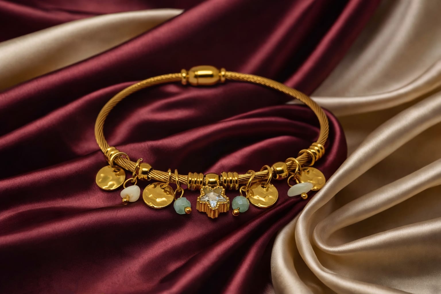 Golden Charm Bracelet for Women | Star Crystal & Bead Charm Bangle | Elegant Designer Jewelry | Isha Elite